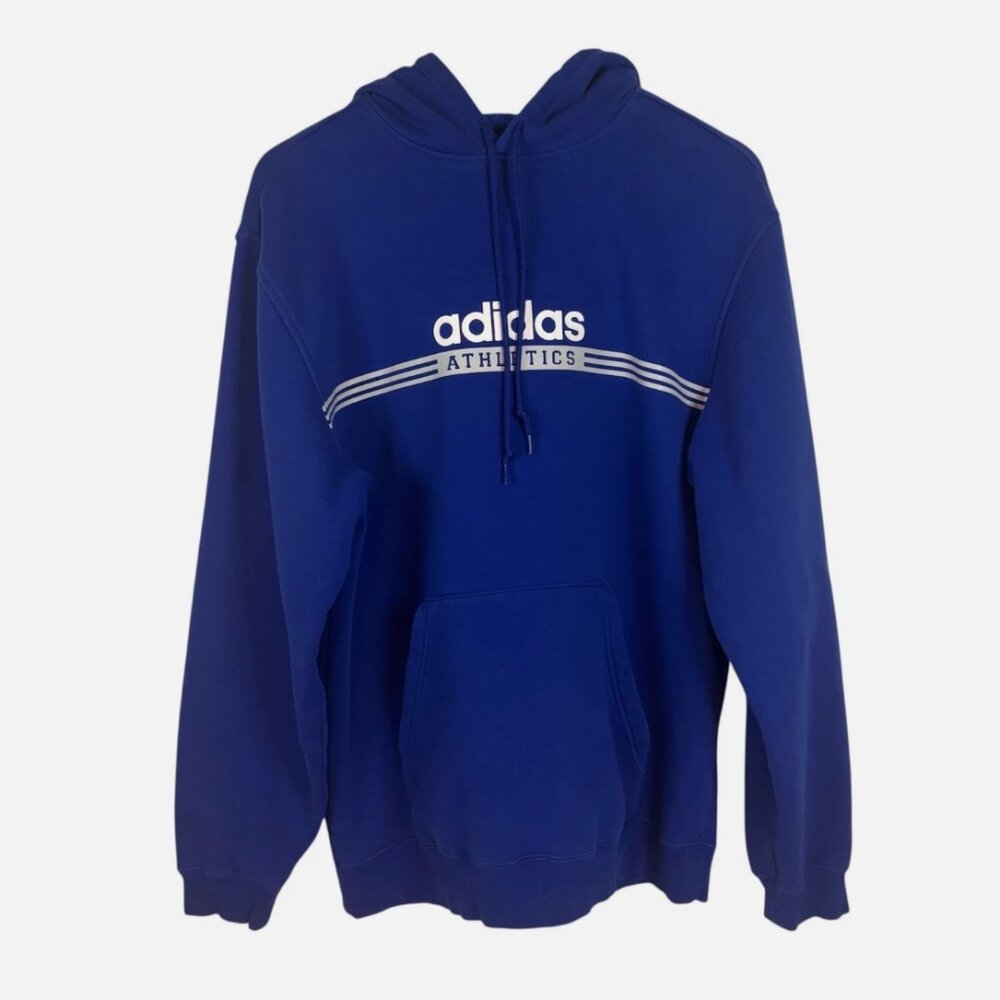 Vintage Y2K Adidas Spellout Stripe Logo Hoodie Men's Medium Blue Pullover